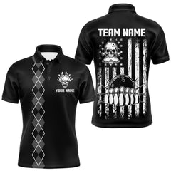 Maxcorners Custom Black and White argyle American Flag Skull retro Mens Bowling Shirts patriotic Team Jerseys