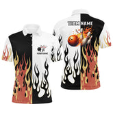 Maxcorners Black And White Mens Bowling Polo Shirts Custom Flame Bowling Team Jerseys, Bowling Shirts For Men