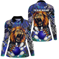 Maxcorners Blue Camo Lion roar Bowling Polo, Quarter Zip Shirts for Women Custom Lion Bowling Team jerseys