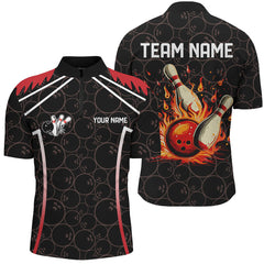 MaxCorners Bowling And Pins Black Camo Customized Name, Team Name 3D Stand Collar Zipper Polo Shirt For Men
