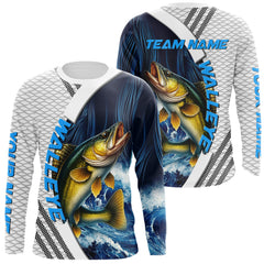 Maxcorners Blue and White Camo Walleye fishing Custom name sun protection Walleye fishing team jerseys LM0409