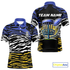 Maxcorners Blue, Yellow and White Tiger Skin Pattern Mens Disc golf polo shirts Custom team disc golf jerseys MT0510