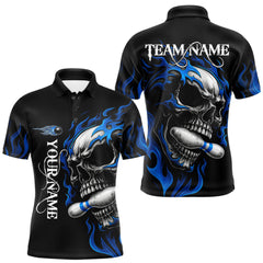Maxcorners Custom Black and Blue Flame Skull Bowling Shirts For Men, Personalized Skull Team Bowling Jersey MT2808