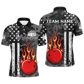 Maxcorners Black And White American Flag Flame Bowling Polo Shirt For Men Custom Bowling Team Jersey