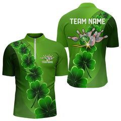 Maxcorners Green Shamrock Lucky Bowling Polo, 1/4 Zip Shirt For Men Custom St Patrick Day Bowling Team Jerseys