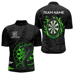 Maxcorners Black And Green Cobra Snake Darts Polo, Quarter Zip Shirts For Men Custom Name Darts Team Jerseys