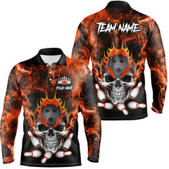 Maxcorners Bowling Ball And Pins Orange Smoke Skull Customized Name, Team Name 3D Polo Shirt