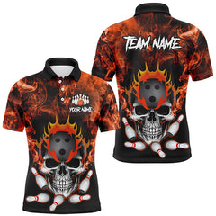 Maxcorners Bowling Ball And Pins Orange Smoke Skull Customized Name, Team Name 3D Polo Shirt