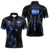 Maxcorners Black And Blue Crown Bowling Ball Polo, Quarter Zip Shirts For Men Custom Bowling Team Jerseys