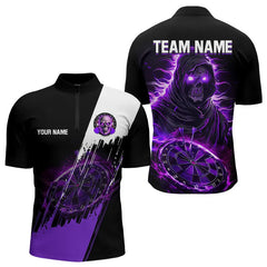 Maxcorners Black And Purple Skull Reaper Dart Jerseys Polo, 1/4 Zip Shirt For Men And Women Custom Darts Team Shirts