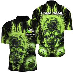 MaxCorners Bowling And Pins Green Flame Skull Customized Name, Team Name 3D Stand Collar Zipper Polo Shirt For Men