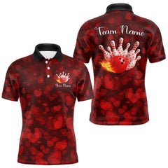 Maxcorners Red Hearts pattern Valentine Bowling Polo, 1/4 zip Shirts For Men Custom Bowling Couple Outfits LM1112