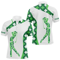 Maxcorners Personalized Green shamrock pattern golf white Mens golf polo shirt custom St Patrick's Day golf gift TU1512