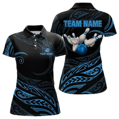 Maxcorners Black And Blue Tribal Pattern Bowling Polo, Quarter Zip Shirts For Men Custom Team Bowling Jerseys