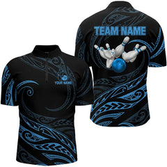 Maxcorners Black And Blue Tribal Pattern Bowling Polo, Quarter Zip Shirts For Men Custom Team Bowling Jerseys