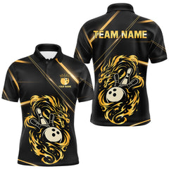 Maxcorners Black and Gold Flame Dragon Bowling Polo, Quarter Zip Shirt for Men Custom Bowling Team League Jersey MT1810