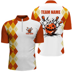 Maxcorners Bowling Ball And Pins Halloween Orange Argyle Pattern Customized Name, Team Name 3D Polo Shirt Unisex