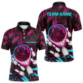 Maxcorners Bowling Polo, Quarter Zip Shirt For Men Custom Pink And Blue Abstract Bowling Team League Jersey