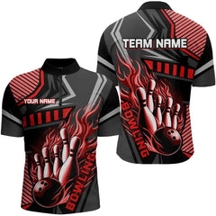 Maxcorners Black And Red Bowling Ball Pins Polo, Quarter Zip Shirt For Men Custom Bowling Team League Jerseys