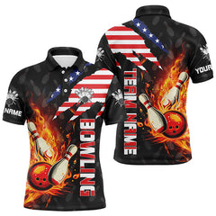 MaxCorners Bowling And Pins American Flag Customized Name, Team Name 3D Polo Shirt For Men
