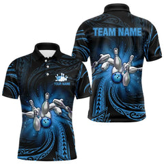 Maxcorners Blue Tribal Pattern Bowling Polo Shirt For Men Custom Team Bowling Jerseys, Bowling Gifts