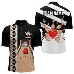 Maxcorners Personalized Red, White And Black Retro Bowling Polo, Quarter Zip Shirt For Men, Bowling Team Jersey
