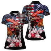 Maxcorners American Flag Rooster Bowling Polo, Quarter Zip Shirts for Women Custom patriotic Team Bowling jerseys