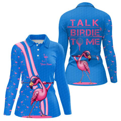 Maxcorners Funny Mens golf polo shirt custom pink and blue flamingo golf shirts talk birdie to me