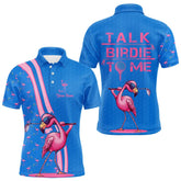 Maxcorners Funny Mens golf polo shirt custom pink and blue flamingo golf shirts talk birdie to me