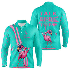 Maxcorners Funny Mens golf polo shirt custom pink and turquoise flamingo golf shirts talk birdie to me