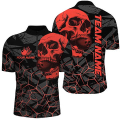 MaxCorners Bowling And Pins Black And Red Skull Camo Customized Name, Team Name 3D Stand Collar Zipper Polo Shirt For Men