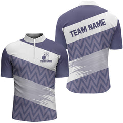 Maxcorners Purple And White Camo Bowling Polo, Quarter Zip Shirt For Men Custom Bowling Team Jersey Bowler Outfit