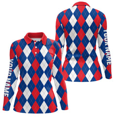 Maxcorners Mens golf polo shirt custom red, white and blue argyle plaid pattern golf attire for men
