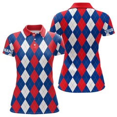 Maxcorners Mens golf polo shirt custom red, white and blue argyle plaid pattern golf attire for men