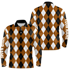 Maxcorners Mens golf polo shirt custom brown argyle plaid pattern golf attire for men