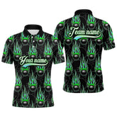 Maxcorners Black Bowling Ball Camo Green Flame Bowling Polo, 1/4 Zip Shirt For Men Custom Bowling Team Jersey