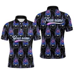 Maxcorners Black Bowling Ball Camo Blue Flame Bowling Polo, 1/4 Zip Shirt For Men Custom Bowling Team Jersey