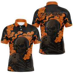 Maxcorners Custom Black and Orange Skull Team Bowling Polo, 1/4 Zip Shirts For Men, Halloween Bowling Outfits TU0909