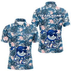 Maxcorners Blue tropical leaf pattern pink flower funny Golf polo shirts For Men Custom mens golf outfits LM2206