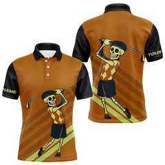 Maxcorners Funny argyle pattern Skull Golf Polo Shirts for men Custom mens golf attire, cool golf gifts | Orange MT1309