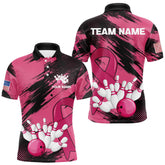 Maxcorners Black and Pink ribbon Bowling shirts for Men Custom breast cancer American flag bowling team jersey MT2306