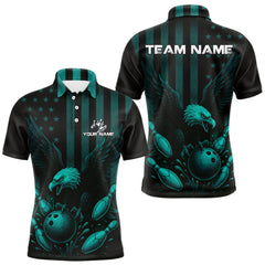 Maxcorners Black and Cyan Blue American Flag Eagle Bowling Shirt For Mens Custom Patriotic Team bowling jerseys LM1708