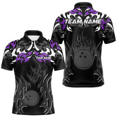 Maxcorners Black and Purple Flame Bowling Polo, Quarter Zip shirt for men Custom Team bowling jersey bowler gift LM2408