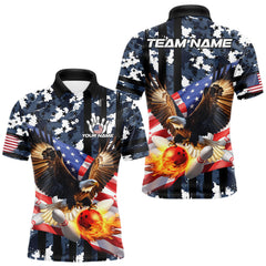 Maxcorners Blue Camo American Flag Eagle Flame Bowling Shirts For Men Custom Patriotic Bowling Team Shirts LM2608