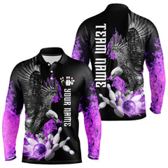 Maxcorners Custom Purple Flame Black Eagle Bowling Polo, Quarter Zip Shirt For Men, Team Bowling Clothes LM2707