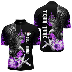 Maxcorners Custom Purple Flame Black Eagle Bowling Polo, Quarter Zip Shirt For Men, Team Bowling Clothes LM2707