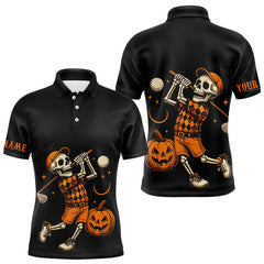 Maxcorners Black and Orange Skull Golf polo shirt for men Custom Halloween Mens golf outfi LM2707