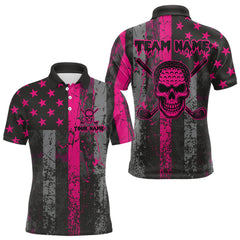 Maxcorners Custom Pink Grunge American Flag Patriotic Skull Golf Shirt For Men, Retro Mens Golf top MT2108