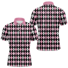 Maxcorners Black and Pink ribbons argyle pattern Mens golf polo shirt Custom Breast Cancer Awareness golf outfit MT2108