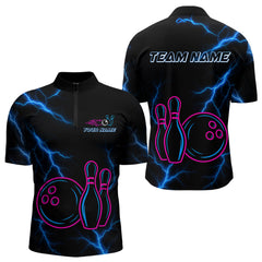 Maxcorners Blue lightning thunder pink neon Bowling Polo, Quarter Zip Shirts For Men Custom Bowling Team Jersey LM3006